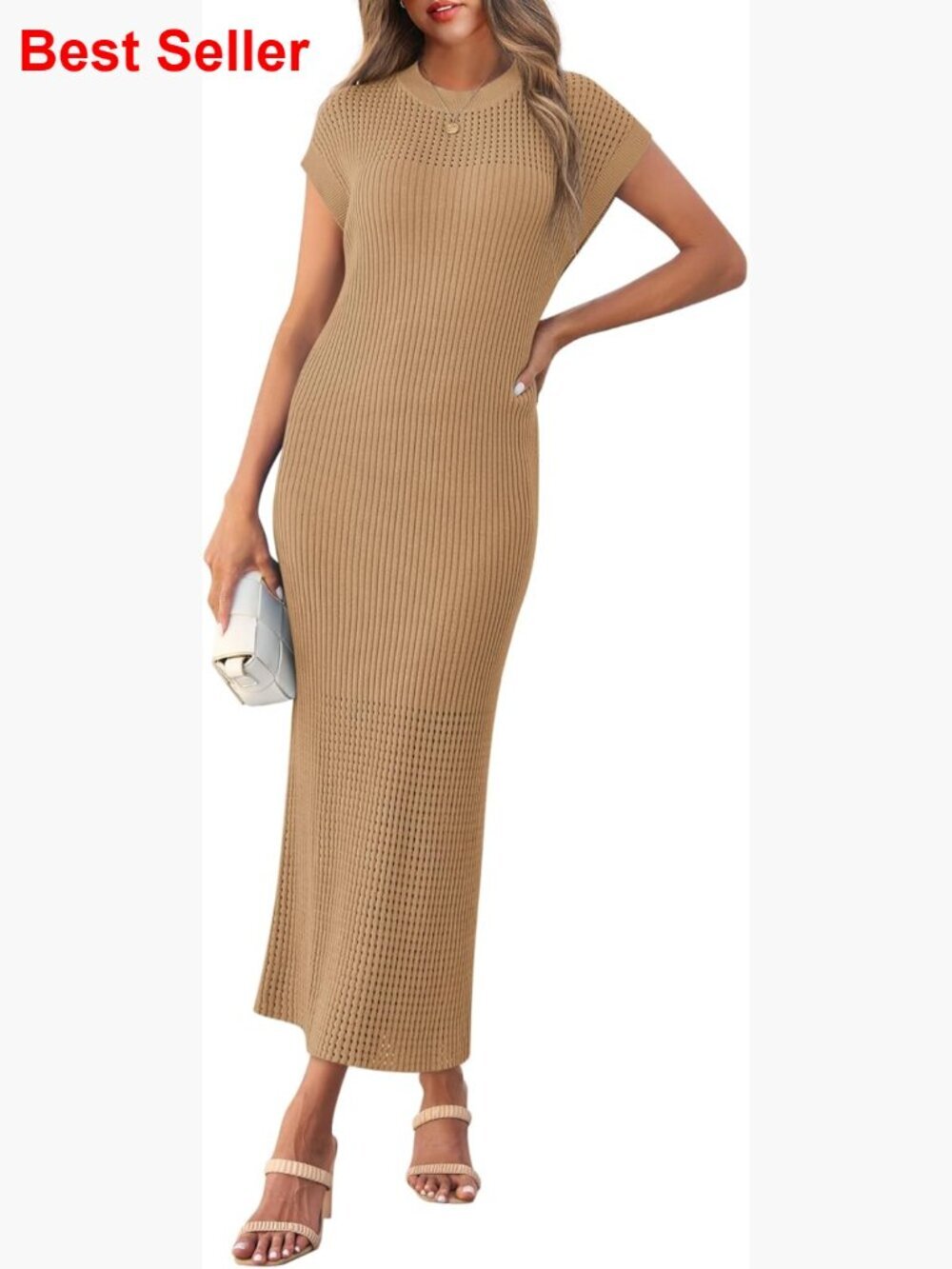 Ribbed Knit Maxi Dress Crewneck Cap Sleeve Casual Spring Summer
